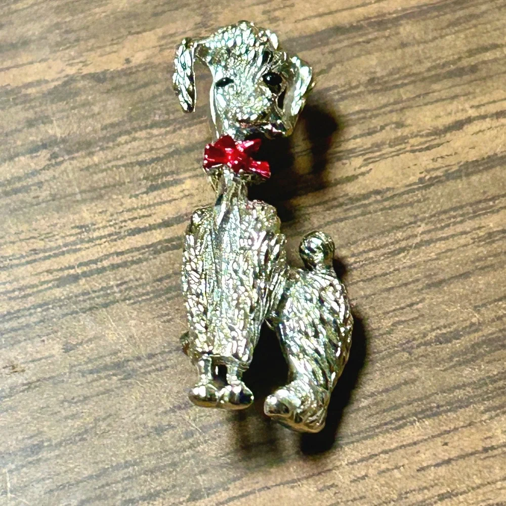 Vintage Poodle Brooch Silver Tone Red Enamel Bow Textured Dog Pin 1.75in